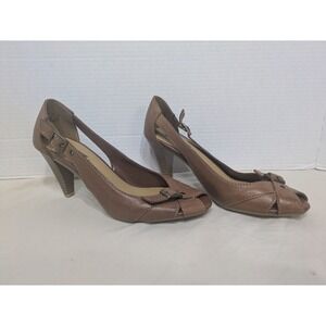 Thom McAn Heels Womens 8M EUR 40 Brown Peep Toe Buckle Pumps Stacked 5287 Career